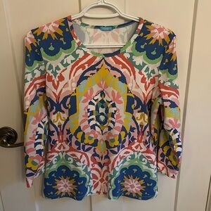 J. McLaughlin luxe pink, blue, green, yellow & white symmetrical top, size M